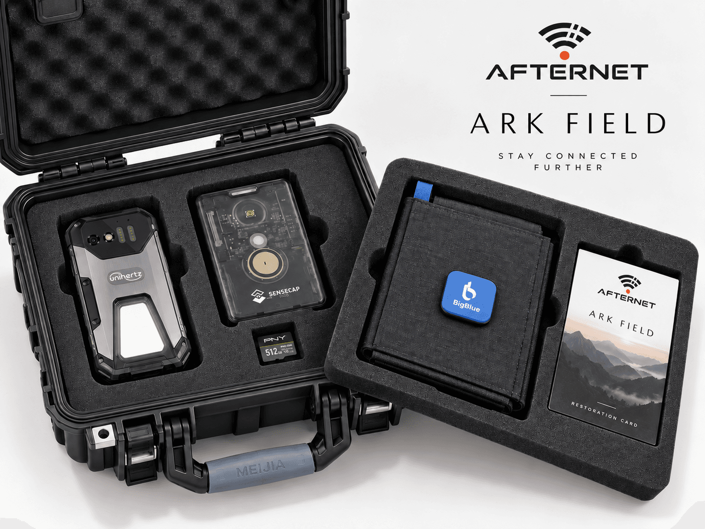ARK FIELD kit open in its hard case: compact rugged phone, LoRa node, knowledge card, folded solar panel and printed recovery card, each in its foam slot.